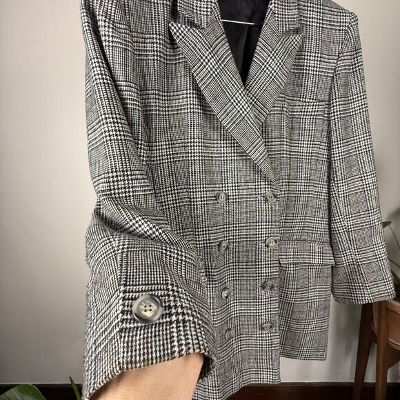 Vintage 80s 90s Houndstooth Plaid Double Breasted Blazer, Black Check Jacket - Picture 8 of 12